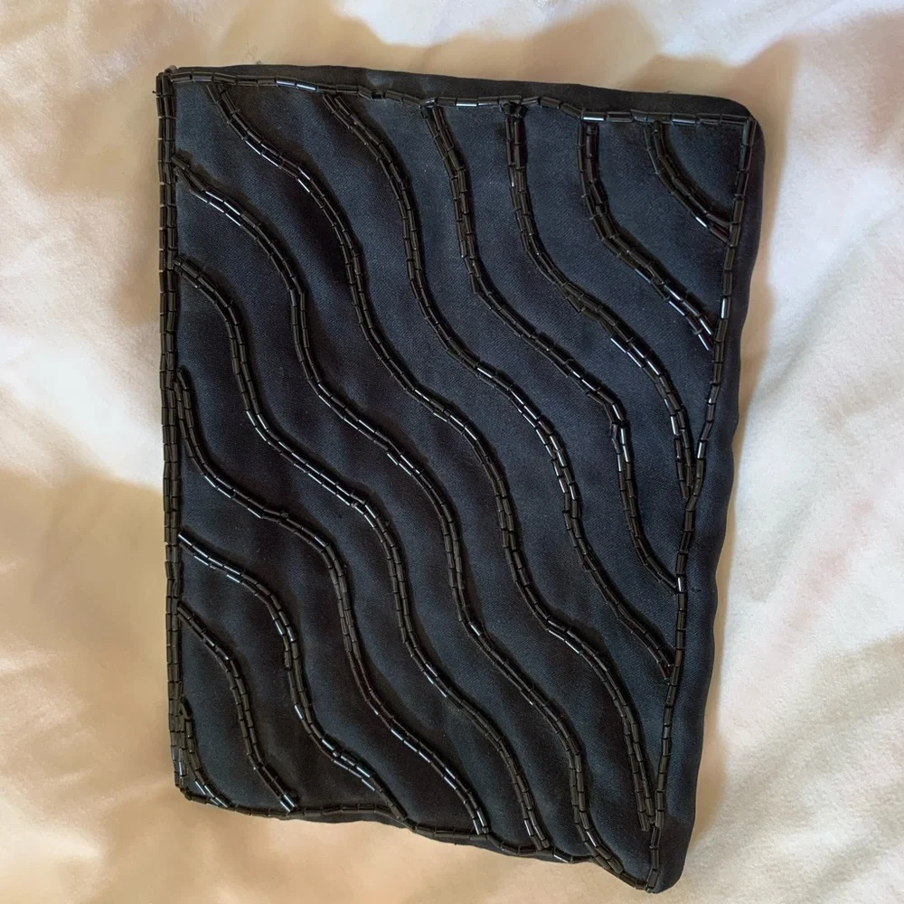 Vintage Black Satin Beaded Evening Bag Purse Clovis Ruffin  1980